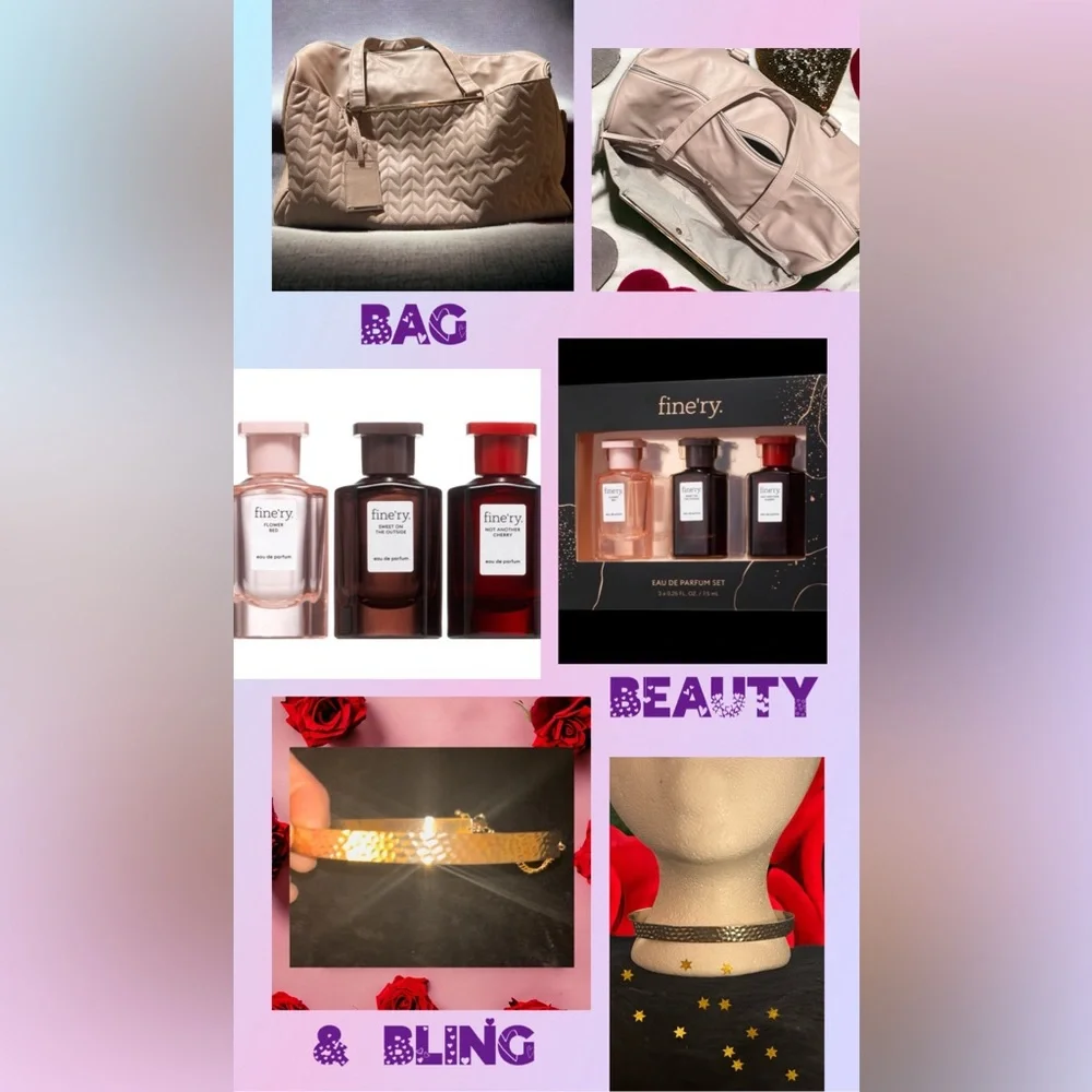 🎁BAG BEAUTY & BLING BUNDLE Atmosphere Weekender Bag fine’ry Gift Box Gold Choker - Picture 1 of 16